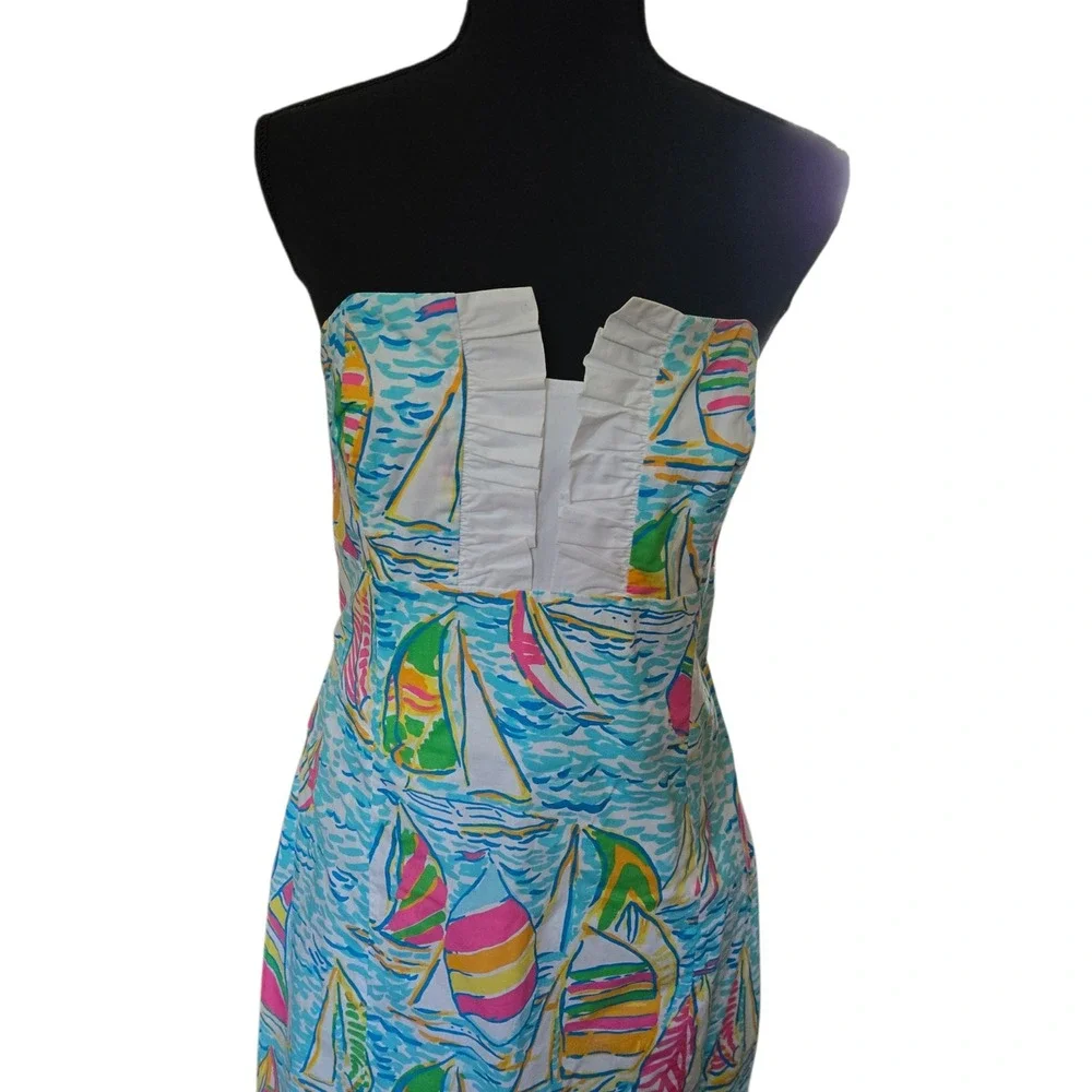 Lilly Pulitzer Sailboat Print Strapless Dress Blue Pink Cotton Size 10 - Picture 2 of 11
